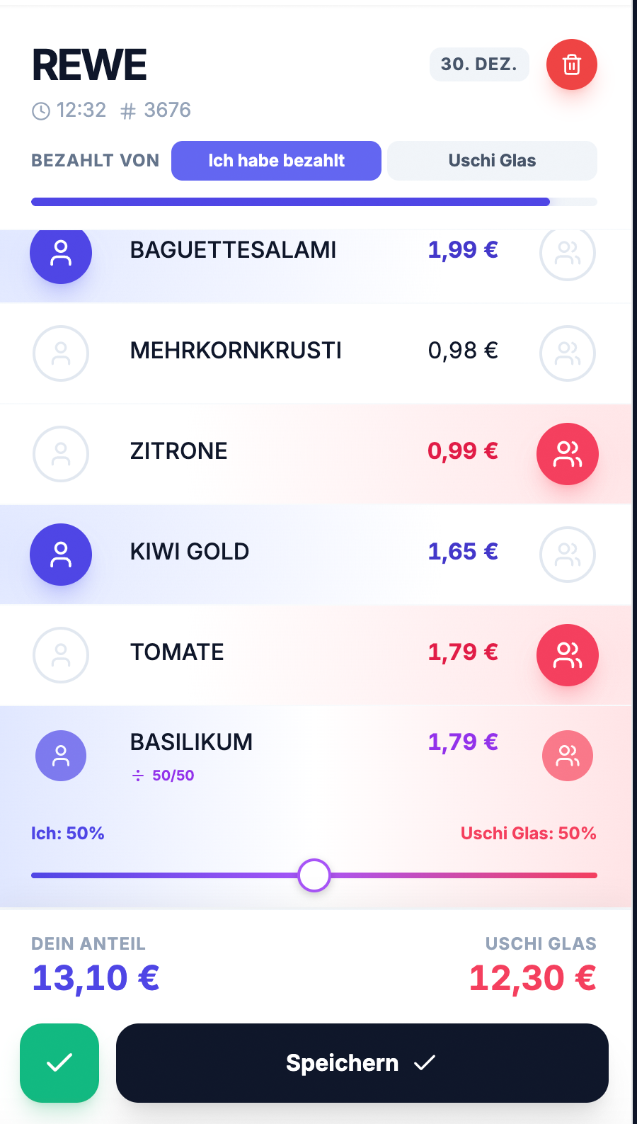 Qota App Screenshot: REWE-Einkauf wird fair zwischen zwei Personen aufgeteilt - 14,27€ vs 12,11€
