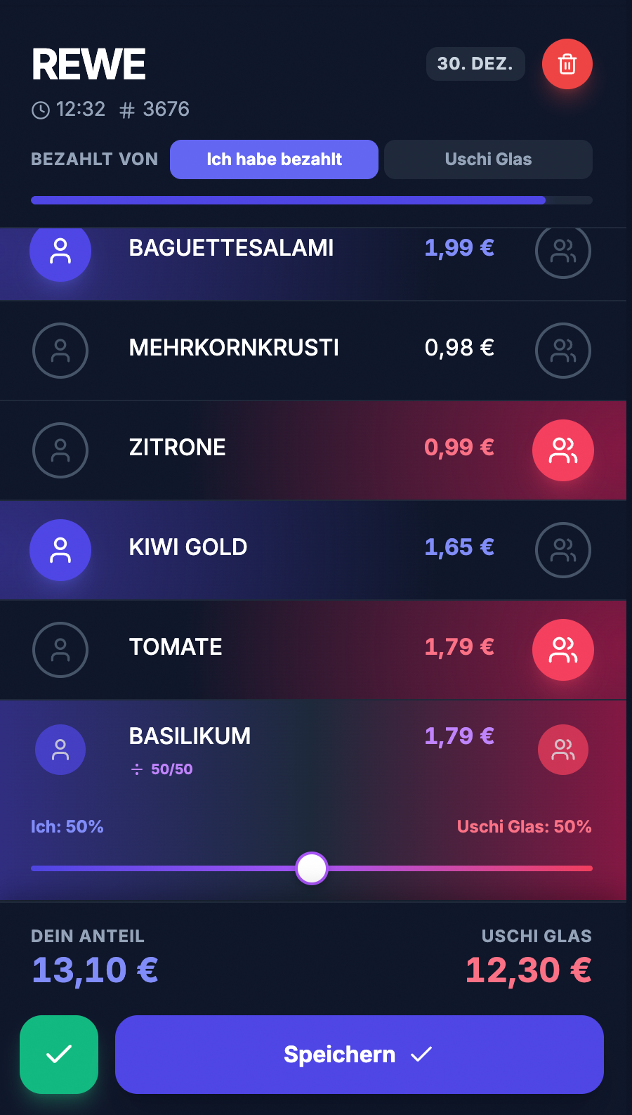 Qota Kostenaufteilung: Artikel werden per Tap einzelnen Personen zugewiesen